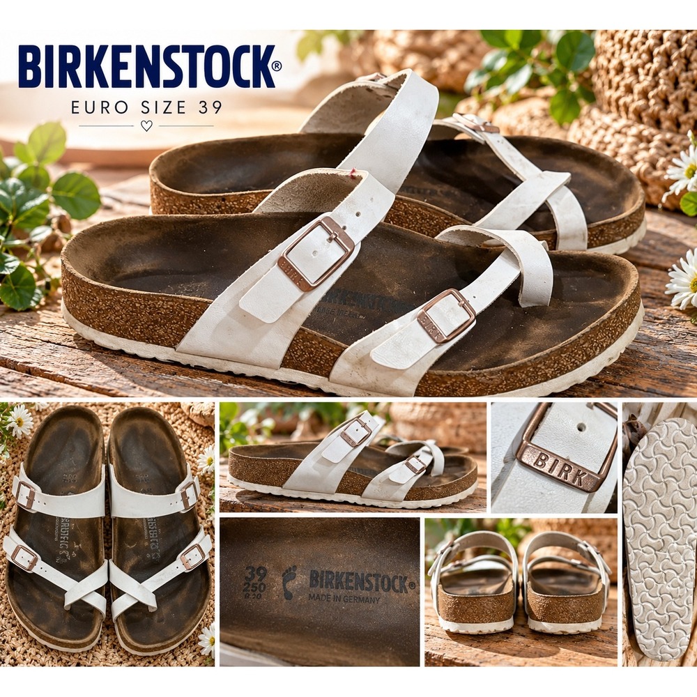 Birkenstock Mayari White Birko-Flor Sandals Women 39 Rose Gold Buckle Strappy